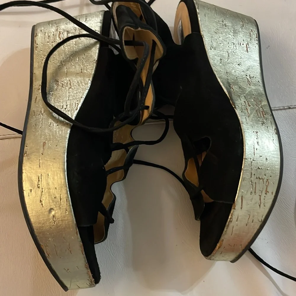 Elysess black leather gold platform wedge lace up heels 38